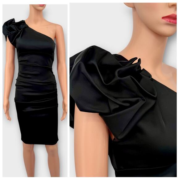Cache Black Satin One Shoulder Ruched Cocktail Dress Size 4 Bow Accent Y2K Glam - Picture 16 of 16